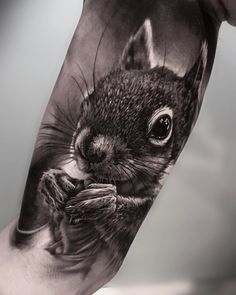 a man's arm with a black and white tattoo of a squirrel on it