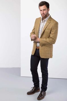 Men's Mustard Tweed Jacket | Tweed Blazer UK | Rydale Blazer Mens Outfit, Black Tweed Jacket Outfit, Tweed Shooting Jacket, Tweed Blazer Outfit, Tweed Jacket Style, Jacket Outfit Men, Tweed Jacket Outfit, Peaked Hat