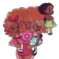 three girls with curly hair and one holding a lollipop heart shaped lollipop