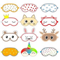 a set of six sleeping masks with cute animals and unicorns on them, all in different colors