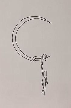 a drawing of a person hanging on to the side of a crescent with one hand