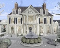 a large white house with a fountain in front of it and snow on the ground