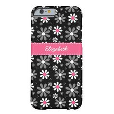 an iphone case with flowers and the name elizabeth on it in pink, black and white