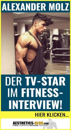 a man standing in front of a gym machine with the words der tv - star im fitness interview