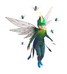 a green and blue fairy with wings flying through the air, surrounded by tiny birds