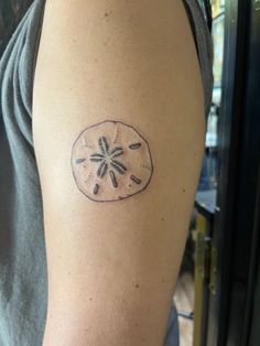 a sand dollar tattoo on the left arm