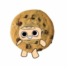 a chocolate chip cookie with an image of a cartoon character on it's face