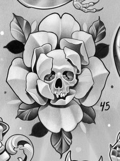 a drawing of a flower with skulls and roses on the bottom half of its petals