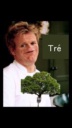 a man holding a tree in front of his face with the words tre on it