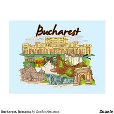 the word bucharest in front of an image of buildings and trees