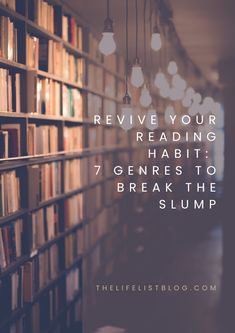 a library filled with lots of books and light bulbs hanging from it's ceiling