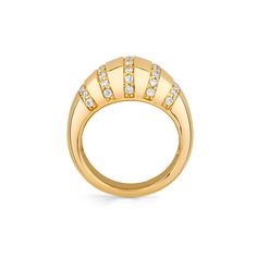 A throwback design brought current with contemporary details. The ORB Stripe Button Studs are at the same time intricate and effortless. Perfectly set rows of tiny pavé diamonds line the softly rounded golden surface. A must have for the fashion forward MM fan! SKU #F532 11mm wide five row pavé domed signet ring 37pcs 1.5mm G/H SI1 round pavé set diamonds 0.56ctw available in half sizes 4-8, anything outside of this is a special order 14k yellow or white gold