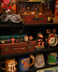 a shelf filled with lots of different types of items