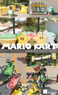 a birthday party with cupcakes and decorations for mario kart