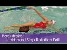 a woman swimming in a pool wearing a red swim suit and white cap with the words backstroke kickboard slap rotary drill