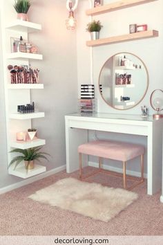 a white desk with shelves and a mirror on it in a room that has pink carpet