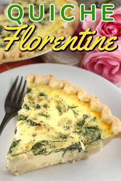 quiche florentino on a white plate with pink roses in the background