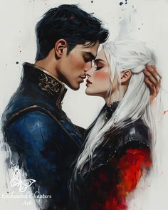 a painting of two people with white hair and one is kissing the other's forehead