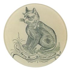 a drawing of a cat sitting on top of a white plate with black ink writing