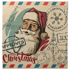 an old fashioned christmas postcard with santa claus on it's face and stamps