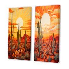 two canvases depicting the desert with cactus trees and sunsets in the sky above them