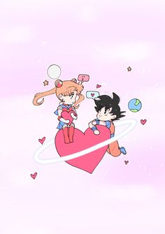 two anime characters sitting on top of a pink heart with an arrow in the middle