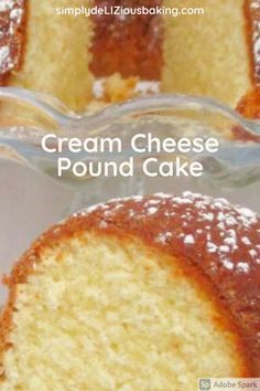 two pieces of cream cheese pound cake sitting on top of a glass plate with the rest of the cake in front of it