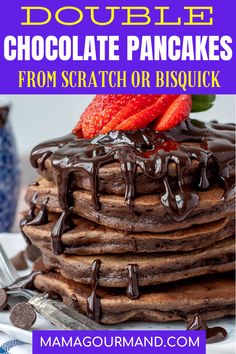 chocolate pancakes stacked on top of each other