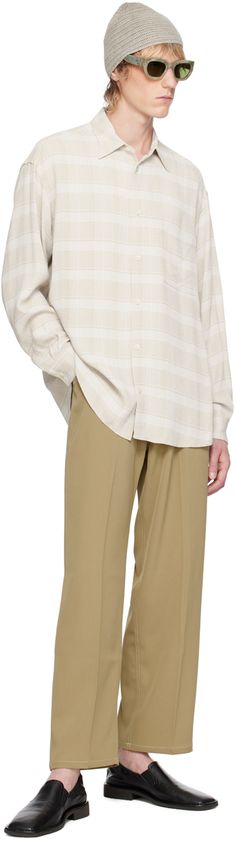 Acetate- and rayon-blend flannel shirt. Jacquard check pattern throughout. · Spread collar · Button closure · Patch pocket · Shirttail hem · Single-button barrel cuffs · Twin pleats at back yoke Supplier color: Ivory White Plaid, Check Pattern, Contrast Stitch, Flannel Shirt, Plaid Shirt, Patch Logo, Off White, Plaid, Trousers