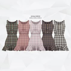 four plaid dresses with buttons on the front and back, all in different colors are shown