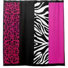 the shower curtain is decorated with zebra print and hot pink