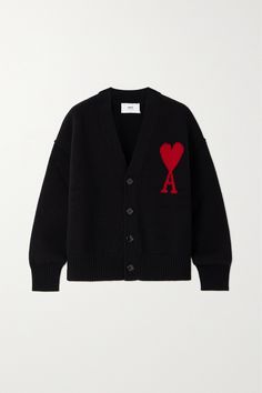 AMI PARIS' 'ADC' cardigan is knitted with the label's <i>'Ami de Cœur'</i> logo, a playful emblem founder Alexandre Mattiussi has used to sign off letters since childhood. It's made from felted merino wool that's weighty and relaxed.<br><br>This product supports best practice in Animal Welfare. Find out more about NET SUSTAIN <a href="https://www.net-a-porter.com/en-gb/campaigns/net-sustain">here.</a> Designer Black Wool Cardigan, Ami Paris Cardigan, Gt Logo, Net Sustain, Summer Style Guide, Alexandre Mattiussi, Flat Dress Shoes, Dress Flats, Merino Wool Cardigan