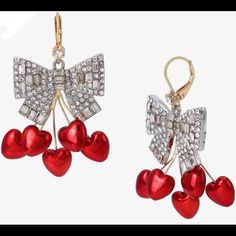 Betsey Johnson Rhinestone Bow Heart Chandelier Earrings