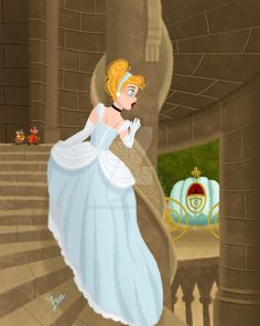 an animated image of a woman in a blue dress walking up stairs to a castle