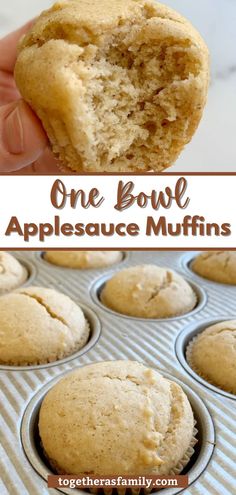 one bowl appleauce muffins in a muffin tin with text overlay