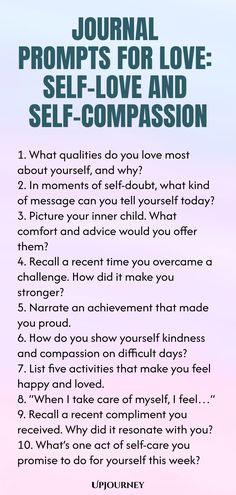 Discover a collection of thoughtful journal prompts to cultivate self-love and self-compassion. Dive deeper into your own journey of understanding and acceptance with these prompts that encourage reflection and growth. Begin your exploration today and embrace the power of loving yourself unconditionally. Self Love Journaling Prompts, Journal Prompts For Acceptance, Accepting Love, Journal Prompts For Knowing Yourself, Self Realization Journal Prompts, 25 Deep Self Love Journal Prompts, Self Love And Confidence Journal Prompts, Mindfulness Journal Prompts, Journal Questions