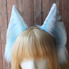 Baby blue and white faux fur bat ears White Cat Ears, Wolf Ears Cosplay, Cute White Cat Ears Jewelry, White Cat Ears Costume Accessories For Cosplay, Blue Cat Ears Headband, Cat Ears And Tail, Wolf Ears, Fox Ears, Blue Horse