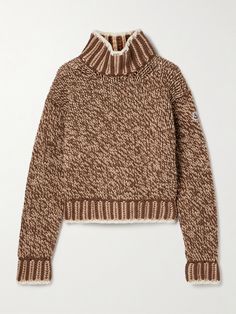 Moncler's turtleneck sweater is knitted from wool-blend yarns in shades of brown and beige, giving it a speckled, mélange finish. It has chunky ribbed trims outlined with white and a comfy, relaxed shape. The brand's signature logo patch adorns one sleeve. Feather Trim Sweater, Vintage Winter Sweater, Vintage Wool Sweater, Elegant Knitwear, Ski Sweaters, Barrel Pants, Tiger Sweater, Luxury Sweater, Brown Turtleneck Sweater