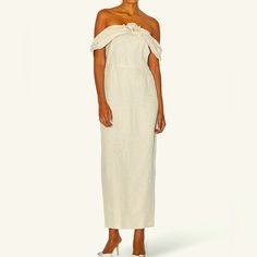 Bnwt Bernadette "Serena" Dress With Rosette Detail Off-The-Shoulder Neckline Sleeveless Sheath Silhouette Full Length Back Walking Vent Linen Dry Clean Made In Romania Full Price At Bergdorf.Com Fitted Linen Maxi Dress For Evening, Evening Linen Maxi Dresses, Fitted Linen Midi Dress For Party, Beige Evening Dress With Straight Neckline, Beige Evening Dresses With Straight Neckline, Elegant Floor-length Linen Dresses, Sleeveless Linen Maxi Dress For Evening, Elegant Linen Maxi Dress With Fitted Bodice, Fitted Linen Cocktail Dress