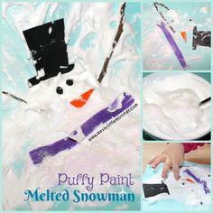 snowman craft for kids using puffy paint to make a melted snowman with hands