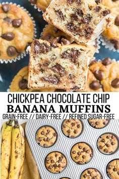 chocolate chip banana muffins stacked on top of each other with text overlay