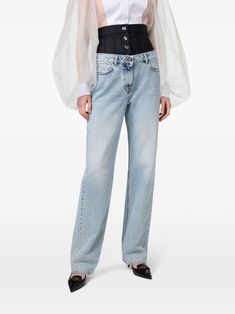 Find ELISABETTA FRANCHI Layered Straigh-leg Jeans on Editorialist. light blue cotton washed denim contrast stitching layered design high-waisted front button and zip fastening straight leg classic five pockets Designer Spring Jeans With Five Pockets, Designer Jeans With Five Pockets For Spring, Designer Fitted Jeans For Spring, Designer Straight Leg Bottoms For Spring, Layered Design, Washed Denim, Contrast Stitch, Layers Design, Denim Wash