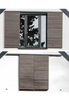 two windows with wooden slats on the side of a white building, one is open and the other has black shutters