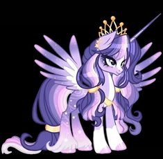 a purple pony with wings and a crown on it's head, sitting in the dark