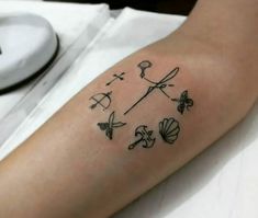 a person with a tattoo on their arm has a clock and other things in it