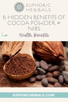 cocoa powder in a wooden spoon with the title, 6 hidden benefits of cocoa powder