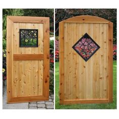 two pictures of a wooden gate with stained glass panels on the front and back doors