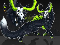 two black and green animals with horns on their heads