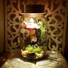 a jar filled with plants and mushrooms on top of an open book