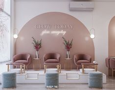 the interior of a salon with chairs and flowers in vases on pedestals next to a wall that says glow today